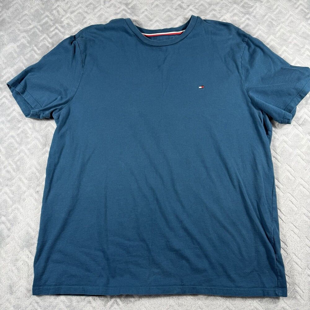 Tommy Hilfiger Tee Mens Large Blue Short Sleeve Shirt Logo Stretch Casual Tshirt